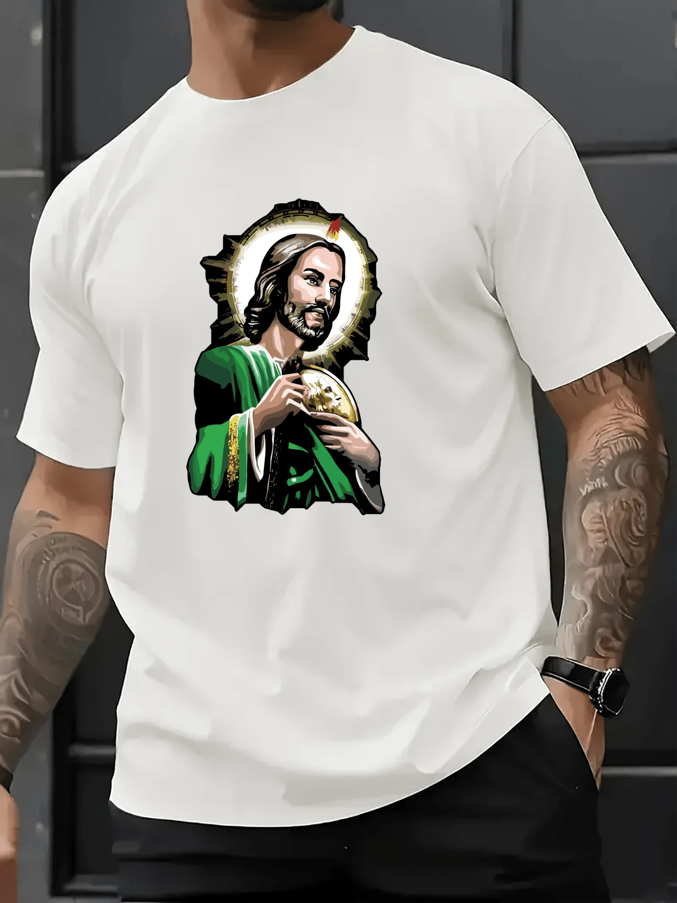Camisa para hombres 1Pcs 100% algodón 220g Impresión digital Expresa un ambiente religioso con una ilustración de una figura con un halo brillante - Blanco - Ver 1