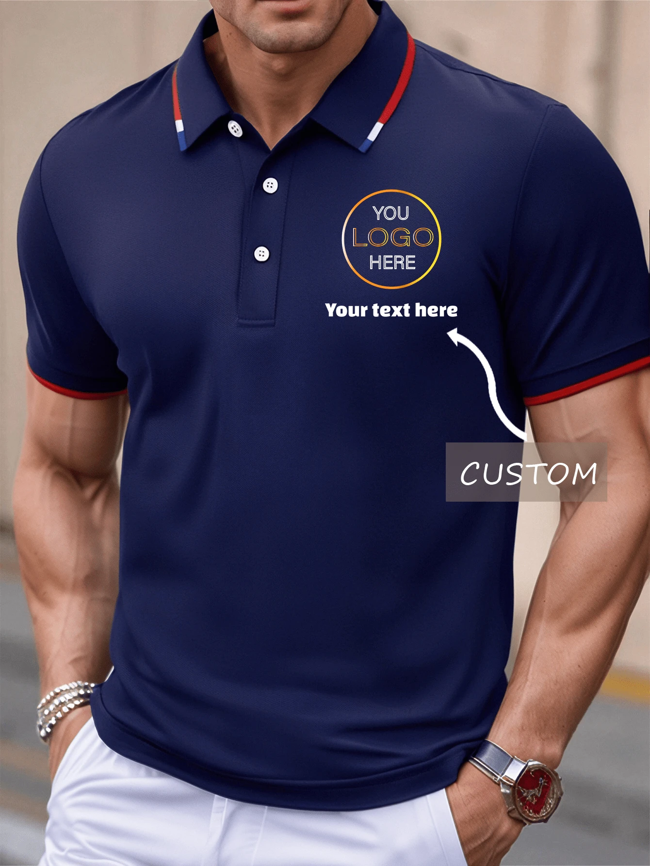 Customized Personalized Men's Casual Polo Shirts Top, Upload You Pictures Or Logo Can Automatically Remove Background,Personalized Text,(Selfie/Family Photo/Couple Photo/Landscape) Birthday Gifts, Business, Workwear, Team,Anniversary/Wedding/Souvenir,Stylish,Fashion,Hipster,Casual,Minimal Chic,Personalized,Customized,Custom,Unique,Guy Costumes,Capsule Wardrobe,Men Basic/Street Style,Ideal Gifts For Him,Boyfriend,Family,Friends,For Birthdays,For Vacation/Holiday,For School/Competition,For Sports/Climbing,Chic Autumn,Urban Gala - Navy Blue - View 1