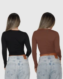 KIT 2 BASIC BLOUSE SECOND SKIN LONG SLEEVE COLD ROUND NECK CACHAREL ELEGANT CASUAL AITONA - ĐEN/NÂU - Xem 2