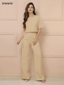 WUUW Women Casual Set Tailored Set Short Sleeve T-Shirt With Wide Leg Pants Spring And Autumn Popular Party Outfit - Màu Tím - Xem 5