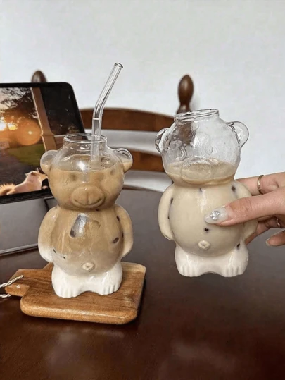 1pc Cartoon Bear Glass Coffee Cup, Funny Birthday Gift For Girls, Creative And Cute