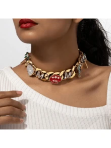 1pc Unique Design Exaggerated Necklace, Pearl Thick Chain Punk Hip Hop Neck Chain, Unisex Accessory - Multicolor - View 1