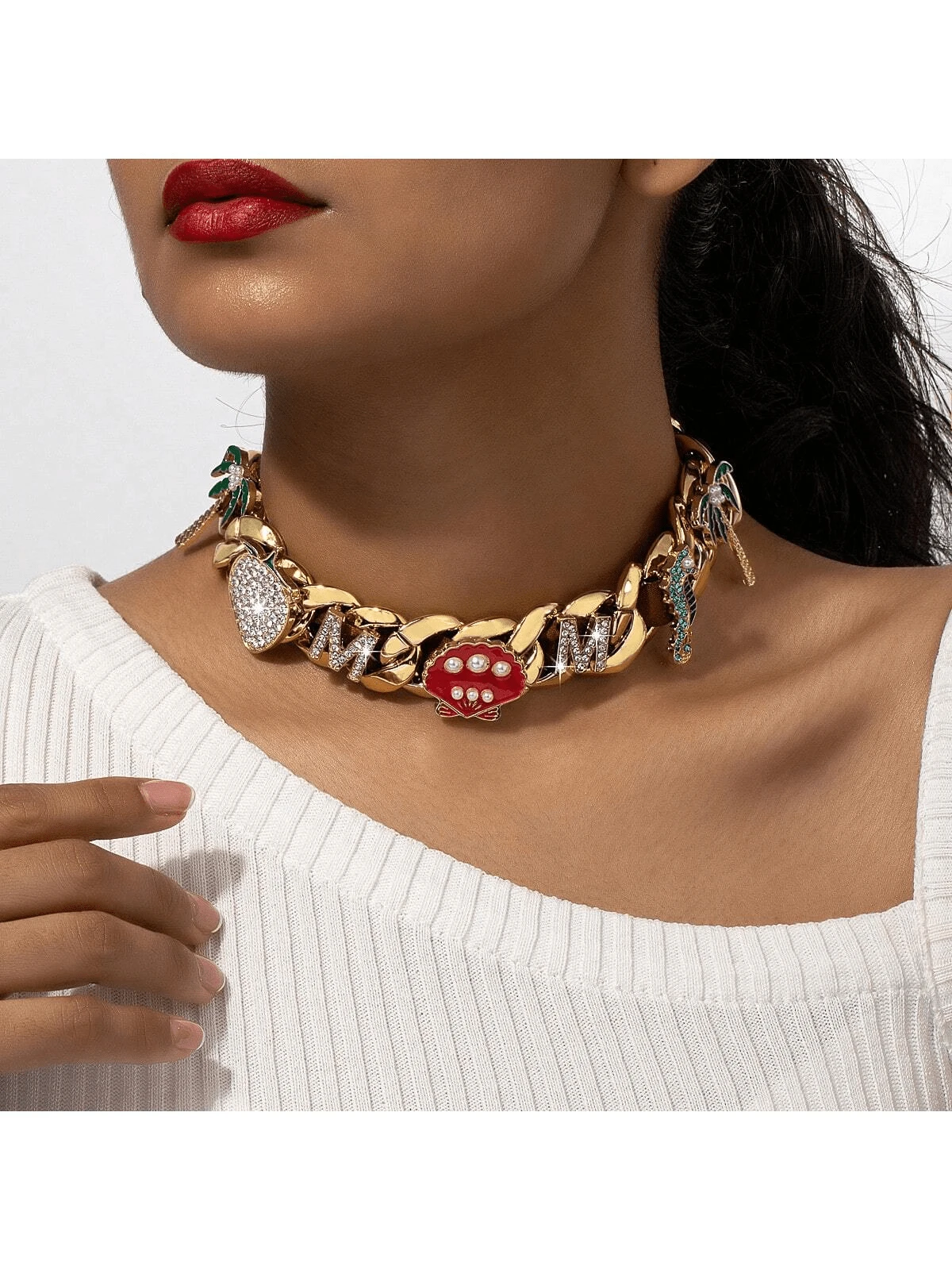 1pc Unique Design Exaggerated Necklace, Pearl Thick Chain Punk Hip Hop Neck Chain, Unisex Accessory - Multicolor - View 1