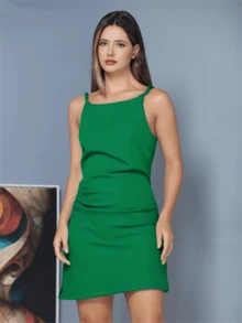 WUUW Women's Fashion Dress, Solid Color Cropped Short Skirt, New Top, Adjustable Party Midi Skirt - 墨綠色 - 查看 1