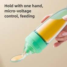 1pc Baby Cereal Feeding Bottle, 90mL Colored Soft Spoon Head Infant Porridge Bottle With Squeeze Spoon And Suction Cup, Silicone Cereal Spoon For Daily Baby Use, Gift Pack