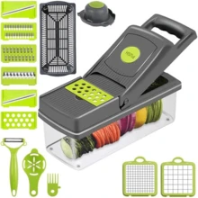 Picadora de verduras 14 en 1, picadora de cebollas, rebanadora de alimentos ajustable con 8 cuchillas de acero inoxidable, rejilla de drenaje y recipiente de almacenamiento, herramienta de cocina - Multicolor - Ver 2