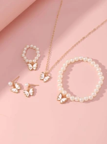 5 Pieces Girl Pearl Drop Oil Small Butterfly Necklace Bracelet Ring Simple Match All Set