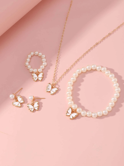 5 Pieces Girl Pearl Drop Oil Small Butterfly Necklace Bracelet Ring Simple Match All Set
