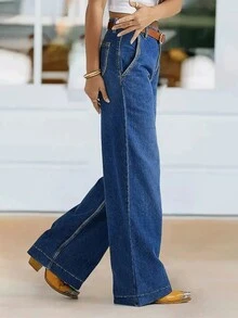 Women's New High Waist Elastic Wide Leg Straight Jeans, Autumn