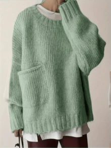 Áo len dài tay dáng rộng dành cho nữ, kiểu dáng thường ngày, có túi hai bên, thích hợp cho mùa thu/đông. - Màu xanh Bạc hà - Xem 2
