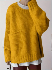 Damen Pullover Oversize Langarm mit Seitentasche - Unverzichtbares Teil für Herbst/Winter Garderobe