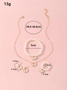 5 Pieces Girl Pearl Drop Oil Small Butterfly Necklace Bracelet Ring Simple Match All Set