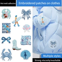 原创刺绣补丁徽章DIY服装烫金补丁缝纫配件布贴适合冲浪女孩如背包、牛仔裤、夹克、T恤、帽子、连衣裙等。刺绣布贴用于衣服装饰补丁、波浪蟹卡通刺绣标签、熨烫贝壳徽章、可爱风格刺绣烫金补丁、 - 藍色 - 查看 2