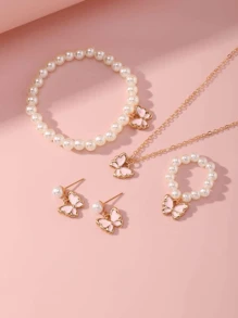 5 Pieces Girl Pearl Drop Oil Small Butterfly Necklace Bracelet Ring Simple Match All Set