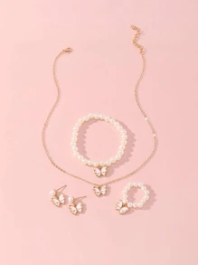 5 Pieces Girl Pearl Drop Oil Small Butterfly Necklace Bracelet Ring Simple Match All Set