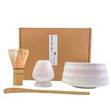 4 件套传统日式抹茶礼仪套装，含竹制搅拌器、碗、勺子和工具架 - 适合居家或返校时作为禅宗装饰的正宗茶礼