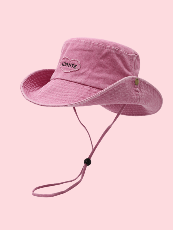 1pc Sweet Heart Embroidery Pink Bucket Hat With Wind Cord, Versatile Outdoor Hiking Fishing Sun Protection Hat For Walking, Beach, Cycling, Travel
