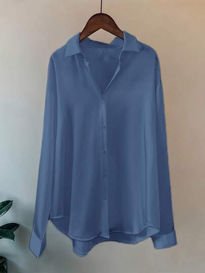 Women Plus Size Solid Color Long Sleeve Casual Loose Blouse For Spring & Summer