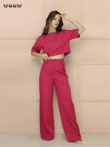 WUUW Women Casual Set Tailored Set Short Sleeve T-Shirt With Wide Leg Pants Spring And Autumn Popular Party Outfit - Hồng - Xem 5