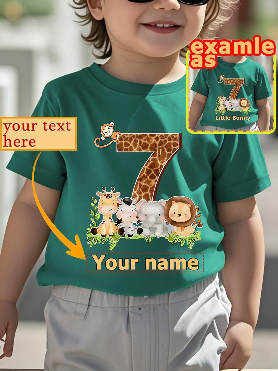 Customizable Personalized Animal Numeral Birthday Design Print Boys Sports Fashion T-Shirt, Children Short Sleeve Activewear Tops, Green - Green - View 1
