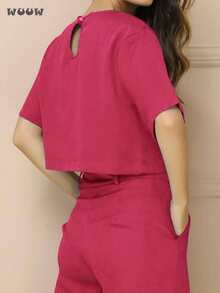 WUUW Women Casual Set Tailored Set Short Sleeve T-Shirt With Wide Leg Pants Spring And Autumn Popular Party Outfit - Hồng - Xem 3