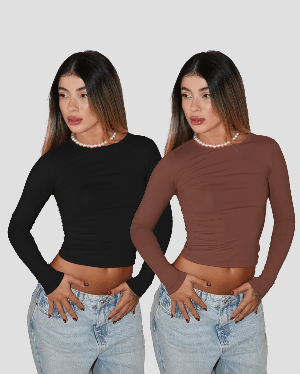 KIT 2 BASIC BLOUSE SECOND SKIN LONG SLEEVE COLD ROUND NECK CACHAREL ELEGANT CASUAL AITONA - ĐEN/NÂU - Xem 1