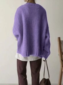 Fall/Winter Side Single Pocket Long-Sleeved Crewneck Pullover Sweater - 紫色 - 查看 5