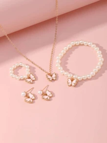 5 Pieces Girl Pearl Drop Oil Small Butterfly Necklace Bracelet Ring Simple Match All Set