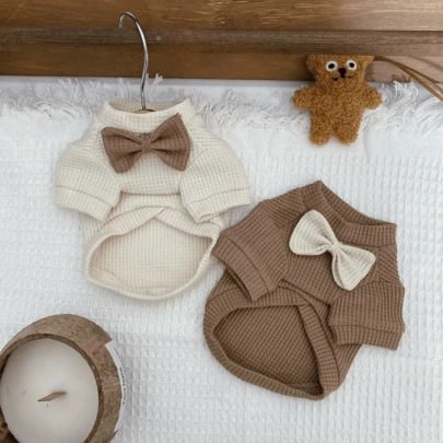 1pc Waffle Knit Pet Shirt With Gentleman Bow Tie, Suitable For Poodle, Teddy, Maltese Small Dogs And Cats