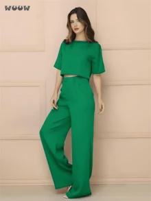 WUUW Women Casual Set Tailored Set Short Sleeve T-Shirt With Wide Leg Pants Spring And Autumn Popular Party Outfit - Màu xanh lá cây đậm - Xem 1