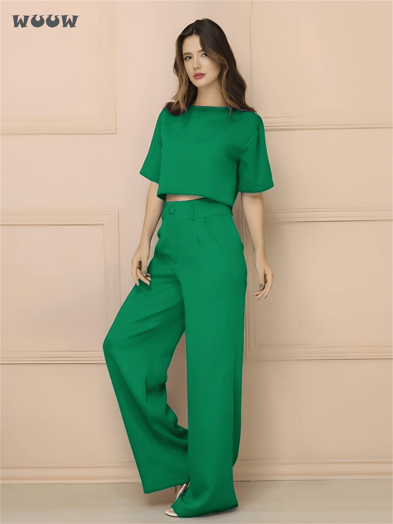 WUUW Women Casual Set Tailored Set Short Sleeve T-Shirt With Wide Leg Pants Spring And Autumn Popular Party Outfit - Màu xanh lá cây đậm - Xem 1
