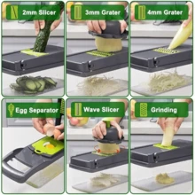 Picadora de verduras 14 en 1, picadora de cebollas, rebanadora de alimentos ajustable con 8 cuchillas de acero inoxidable, rejilla de drenaje y recipiente de almacenamiento, herramienta de cocina - Multicolor - Ver 12