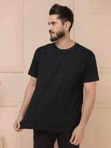 Men's Premium Peruvian Knit T-Shirt Basic Plain Cotton Round Neck Blouse Shirt - màu đen - Xem 1