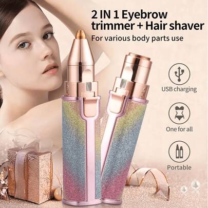 二合一女士面部脱毛器和眉毛修剪器，无痛可充电式身体和面部毛发修剪器，内置LED灯