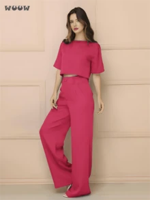 WUUW Women Casual Set Tailored Set Short Sleeve T-Shirt With Wide Leg Pants Spring And Autumn Popular Party Outfit - Hồng - Xem 1