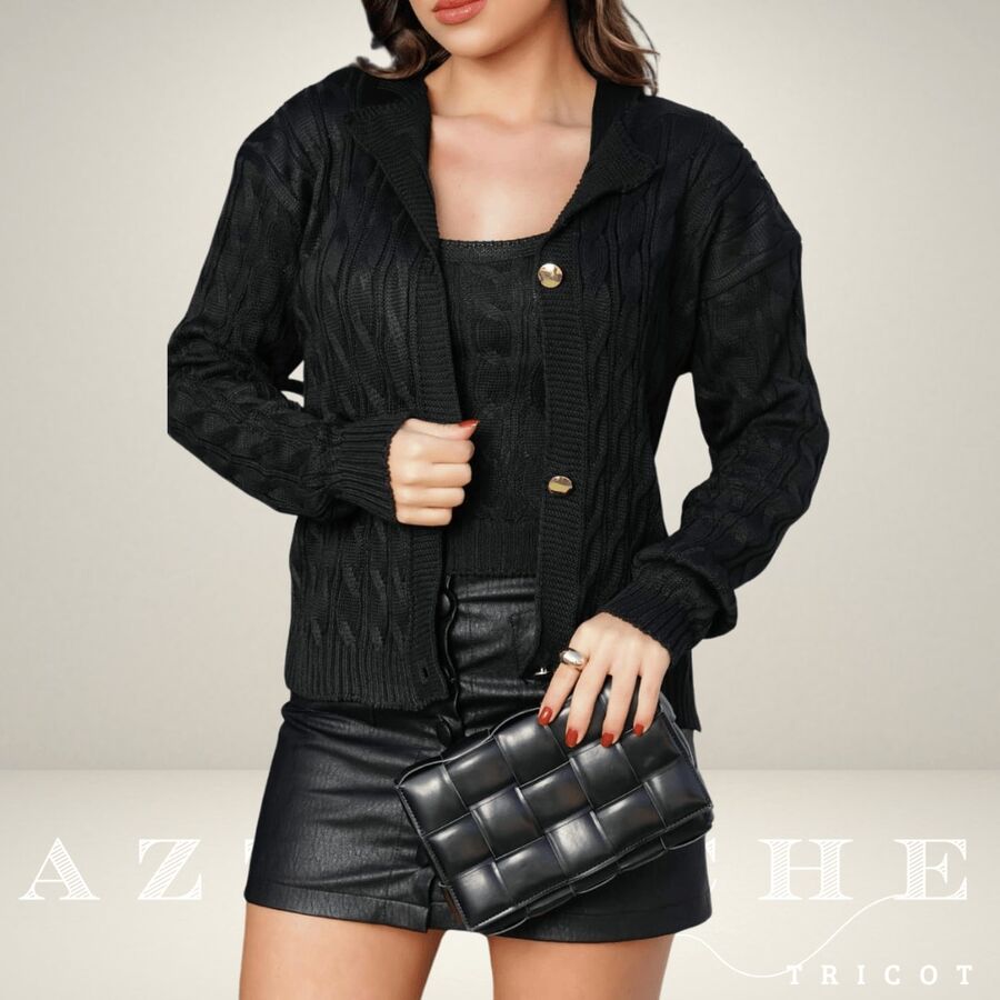Winter Braided Coat And Tank Top - 3 Button Knit Twin Set - Knit Set - 黑色 - 查看 1