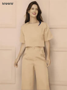 WUUW Women Casual Set Tailored Set Short Sleeve T-Shirt With Wide Leg Pants Spring And Autumn Popular Party Outfit - Màu Tím - Xem 2