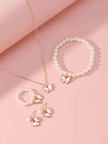 5 Pieces Girl Pearl Drop Oil Small Butterfly Necklace Bracelet Ring Simple Match All Set