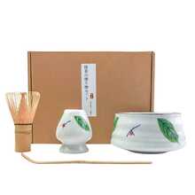 4 件套传统日式抹茶礼仪套装，含竹制搅拌器、碗、勺子和工具架 - 适合居家或返校时作为禅宗装饰的正宗茶礼
