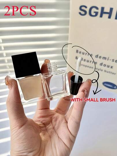 2 件方形玻璃化妆品样品瓶带刷子，迷你玻璃旅行瓶，用于粉底液和遮瑕膏，10 毫升 - 便携式化妆品容器，带旋盖，无香味，理想，塑料，带刷头，用于粉底液分配空瓶