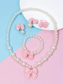 5 件/套女孩可爱珍珠蝴蝶结项链手链耳环戒指首饰套装，简约百搭 - 彩色 - 查看 6