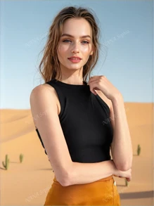 Canotta sportiva da donna alla moda, senza maniche, monocolore, aderente, stile casual, adatta come indumento esterno o intimo