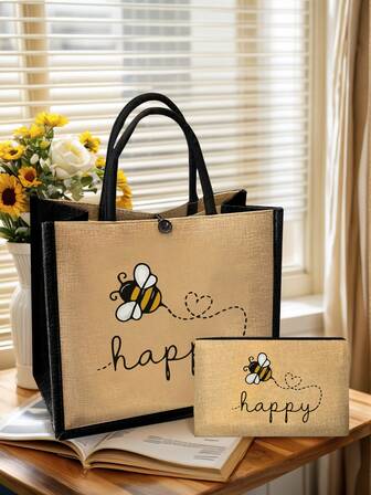 Cute Bee Tote Bag Set: Lightweight Shopping Bag With Mini Coin Purse .Travel Makeup Bag: Very Suitable For Outdoor Beauty! It Is A Great Gift, Suitable For Mothers, Teachers, Friends, Portable Leisure Storage Handbags, , Sports Decoration Bag, Gift Bag, Cosmetic Bag,Teacher's Day Gift, Reusable Makeup Bag