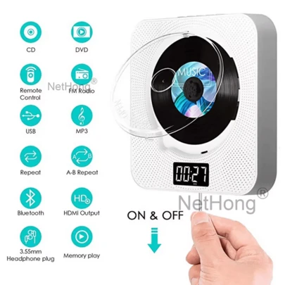 NetHong Wall-Mounted CD/DVD Player With Bluetooth 5.3 - HD Upscaling Entertainment System & Language Learning Tool, A-B Repeat Function For Audiobooks