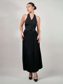Andrea Bello Women's Valentine's Day Halter Neck Single Breasted Vest And Pleated Skirt Two Piece Set - Black - View 2