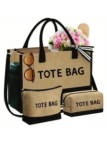 1 Set Beach Tote Bag For Women, Canvas Bag For Beach Accessories, Suitable For Wedding, Birthday, Holiday, Is A Great Gift For Women, Mom, Teachers, Friends, Bridesmaids,Student,Back To School,Large Bag, Travel Handbag For Holiday Vacation Weekend Getaway Short Trip,Personalized Birthday Gifts Present For Friend Her, With Scarf - Khaki - View 8