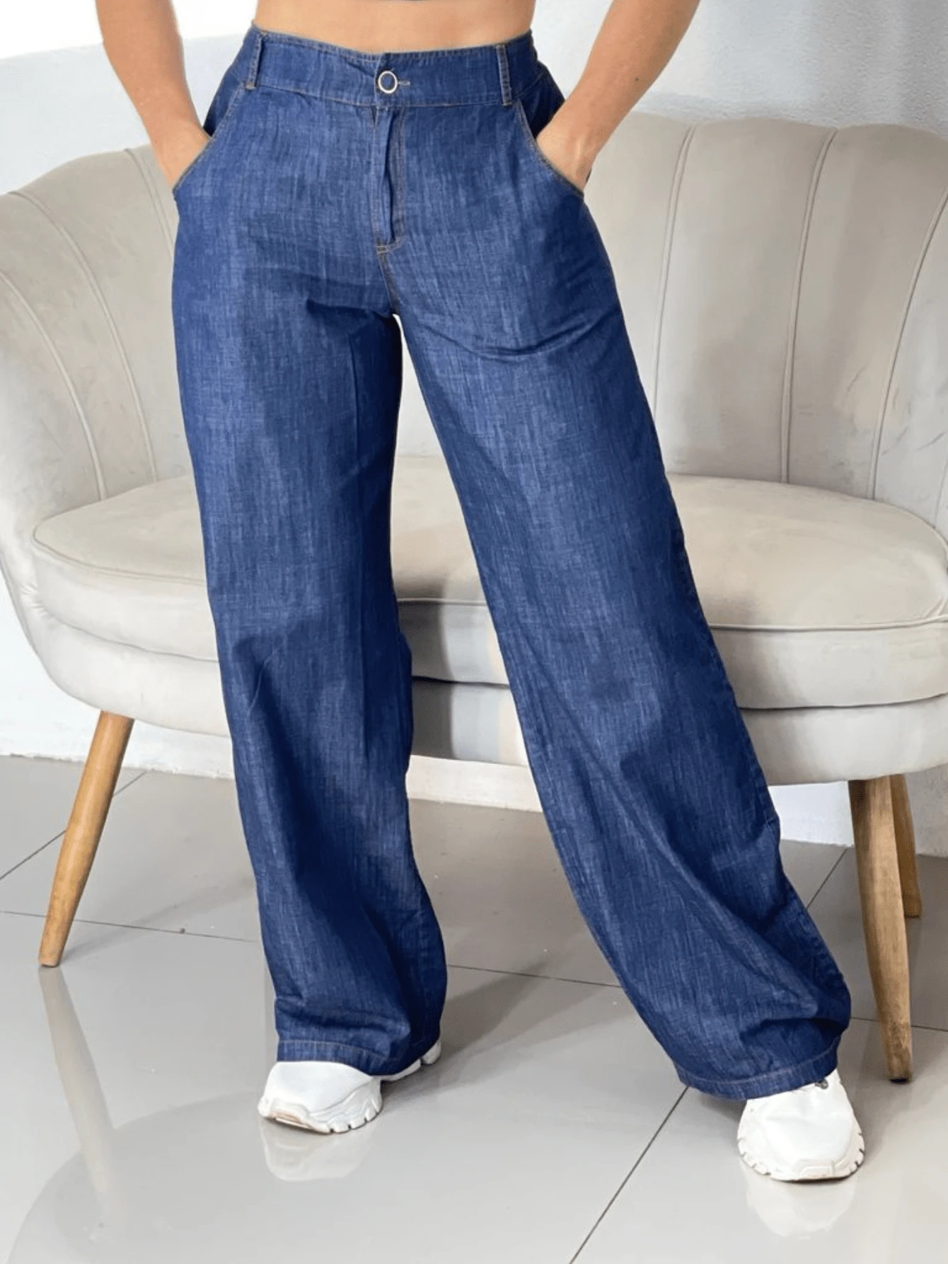 Wide Leg Jeans, Elastic Waist, Drawstring, Stylish, Lightweight - Navy Blue - View 1