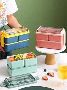 1 pezzo Scatola bento in plastica a doppio strato verde (con cucchiaio e forchetta) con scomparti multipli, adatta per microonde, regalo di Natale per studenti, lavoratori d'ufficio, mamme e papà, scatola termica portatile per il pranzo