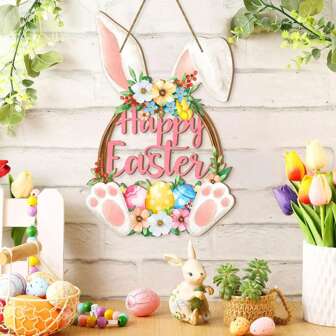 1PC Easter Bunny Door Sign, Happy Easter Wooden Hanging Decorations, Easter Eggs Hanging Plaque Bunny Rabbit Sign Wall Hanger Floral Spring Decor For Front Door Porch Yard Wall Home Decorations Easter Decorations Easter Decor Party Gift Gifts Birthday Graduation