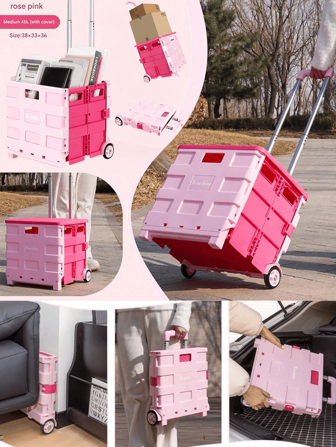 1 pièce Chariot utilitaire pliable avec couvercle - Caisse roulante portable, chariot à 4 roues, escalier, alliage d'aluminium et PP, pour le camping, les courses, le bureau, le stockage